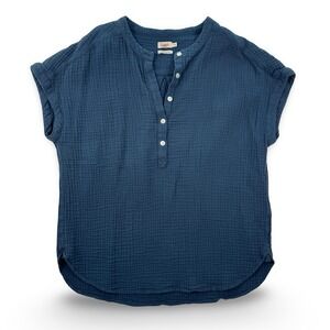 Faherty 100% Organic Cotton Gauze Henley Shirt Blue Short Sleeve Women's Medium‎